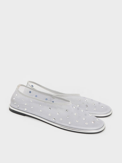 Mesh Gem-Embellished Ballet Flats - Silver | CHARLES & KEITH