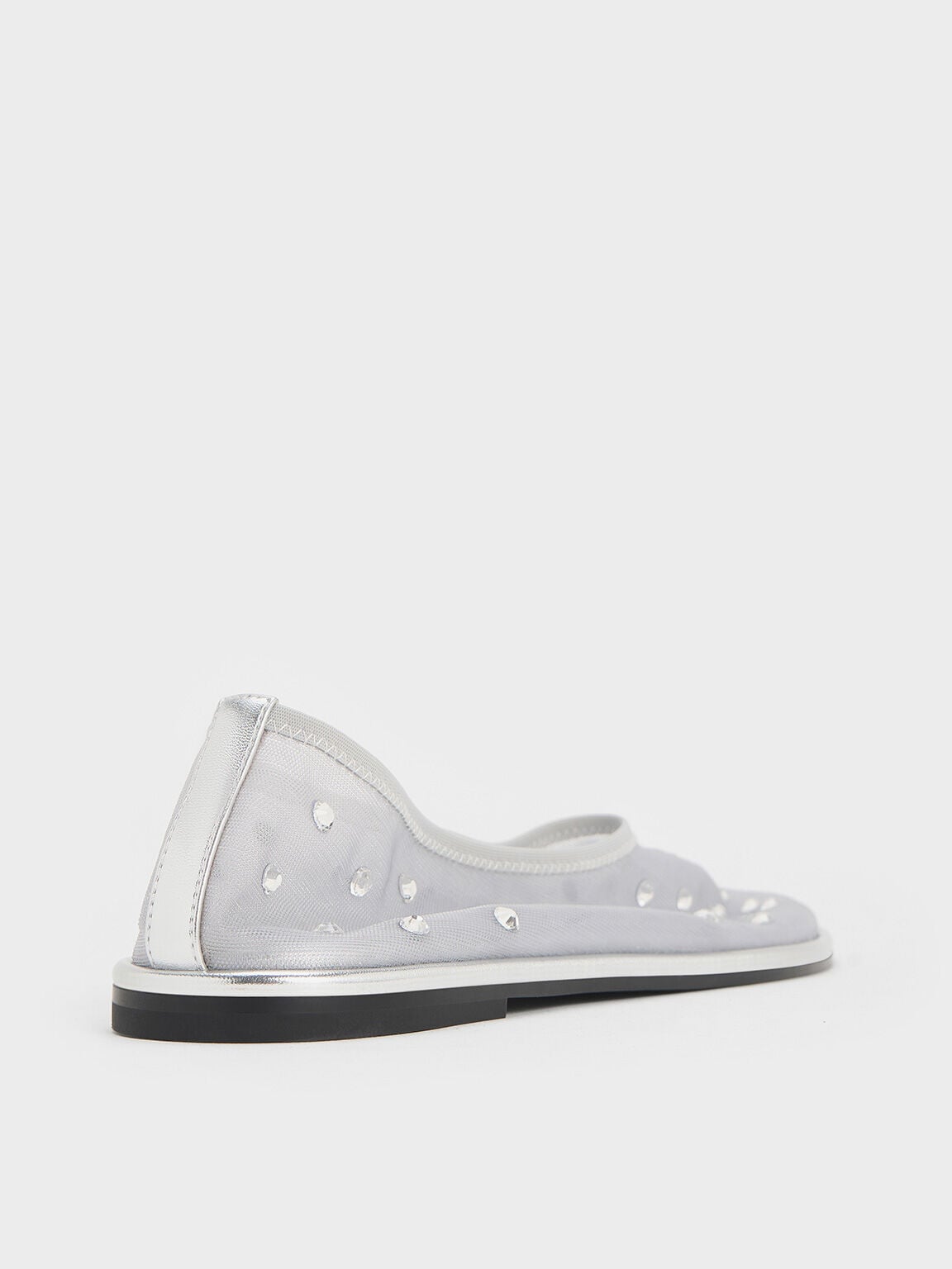Mesh Gem-Embellished Ballet Flats - Silver | CHARLES & KEITH
