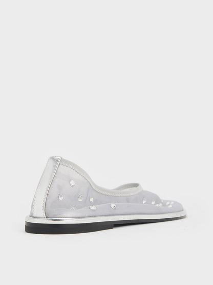 Mesh Gem-Embellished Ballet Flats - Silver | CHARLES & KEITH
