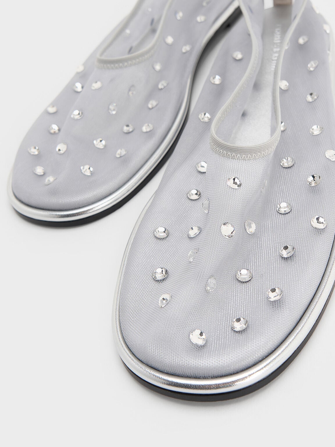 Mesh Gem-Embellished Ballet Flats - Silver | CHARLES & KEITH