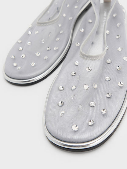 Mesh Gem-Embellished Ballet Flats - Silver | CHARLES & KEITH
