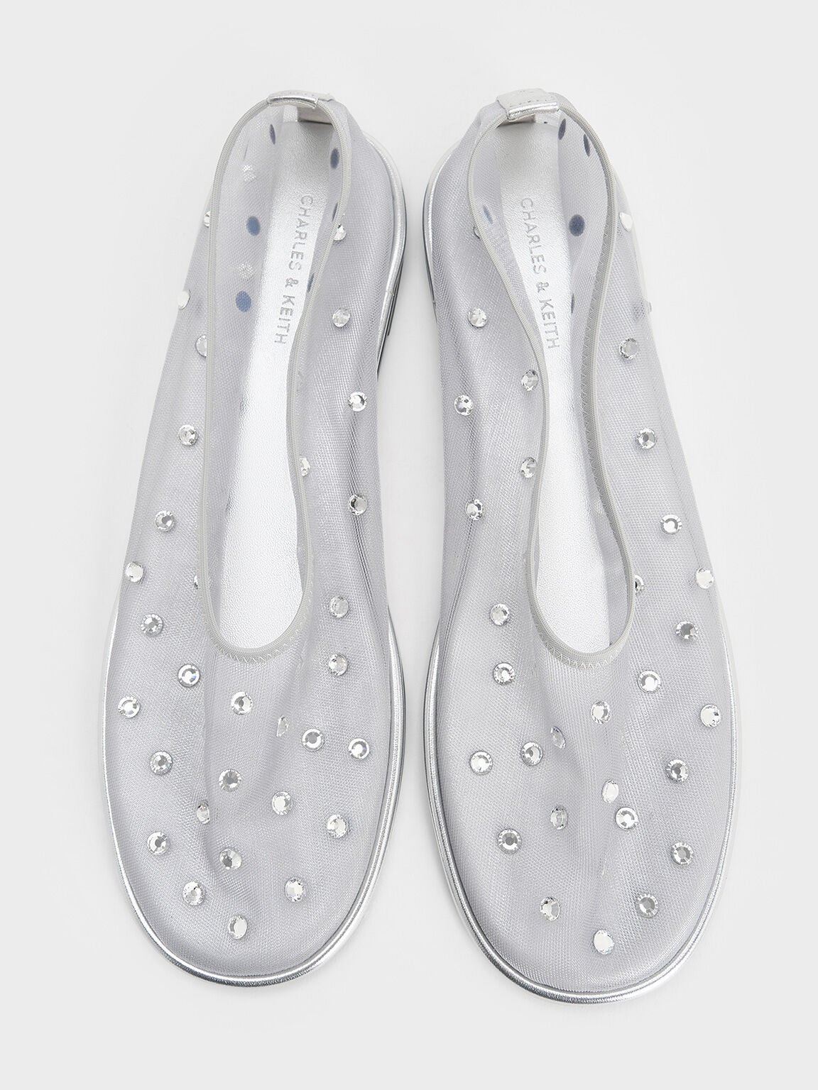 Mesh Gem-Embellished Ballet Flats - Silver | CHARLES & KEITH