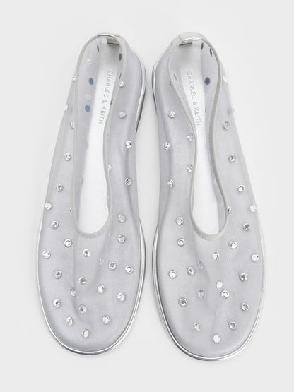 Mesh Gem-Embellished Ballet Flats - Silver | CHARLES & KEITH