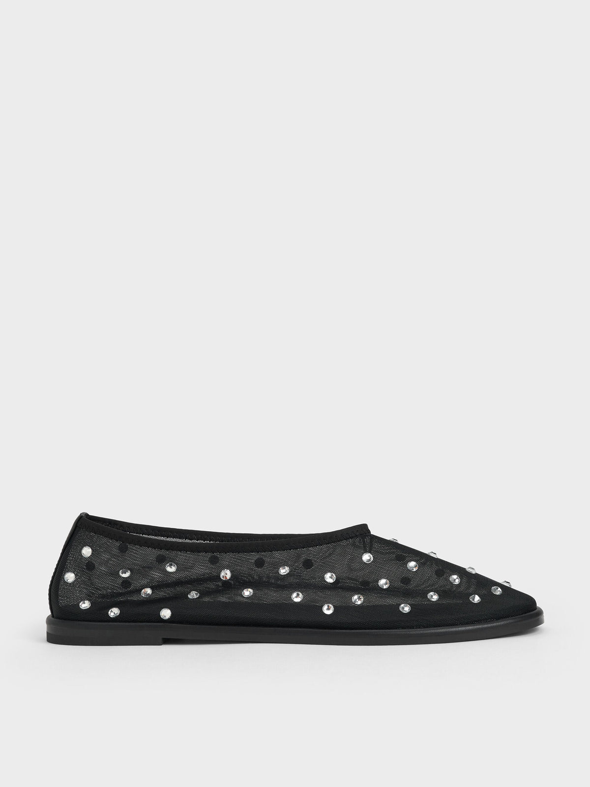 Mesh Gem-Embellished Ballet Flats - Black Textured | CHARLES & KEITH