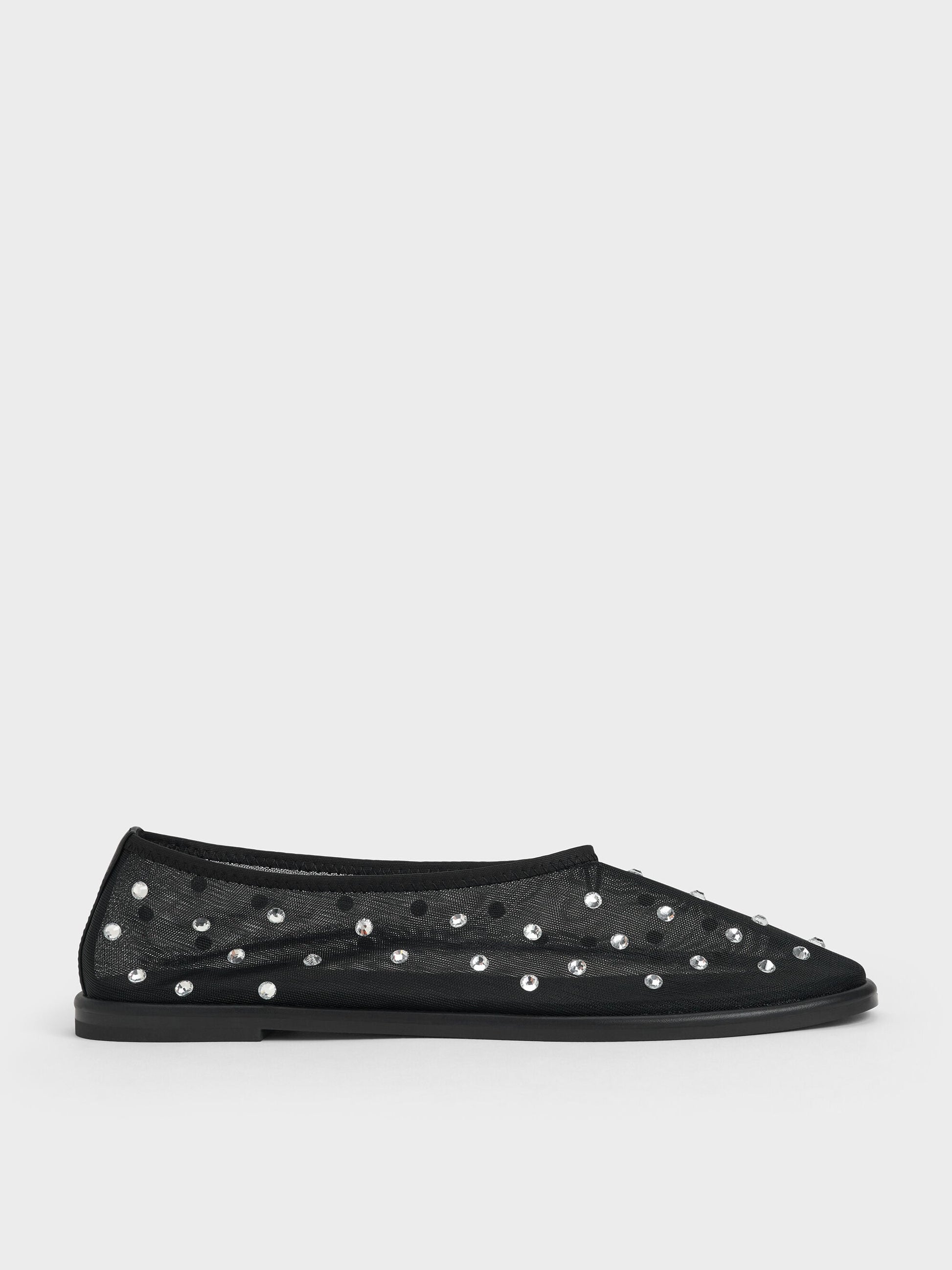 Mesh Gem-Embellished Ballet Flats - Black Textured | CHARLES & KEITH