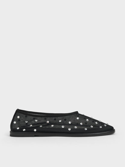 Mesh Gem-Embellished Ballet Flats - Black Textured | CHARLES & KEITH