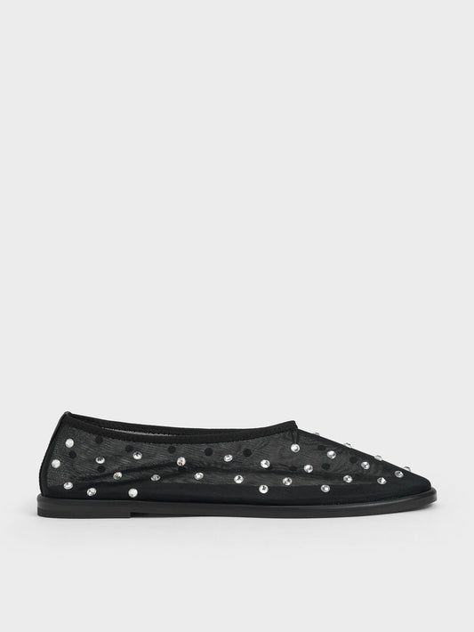 Mesh Gem-Embellished Ballet Flats - Black Textured | CHARLES & KEITH