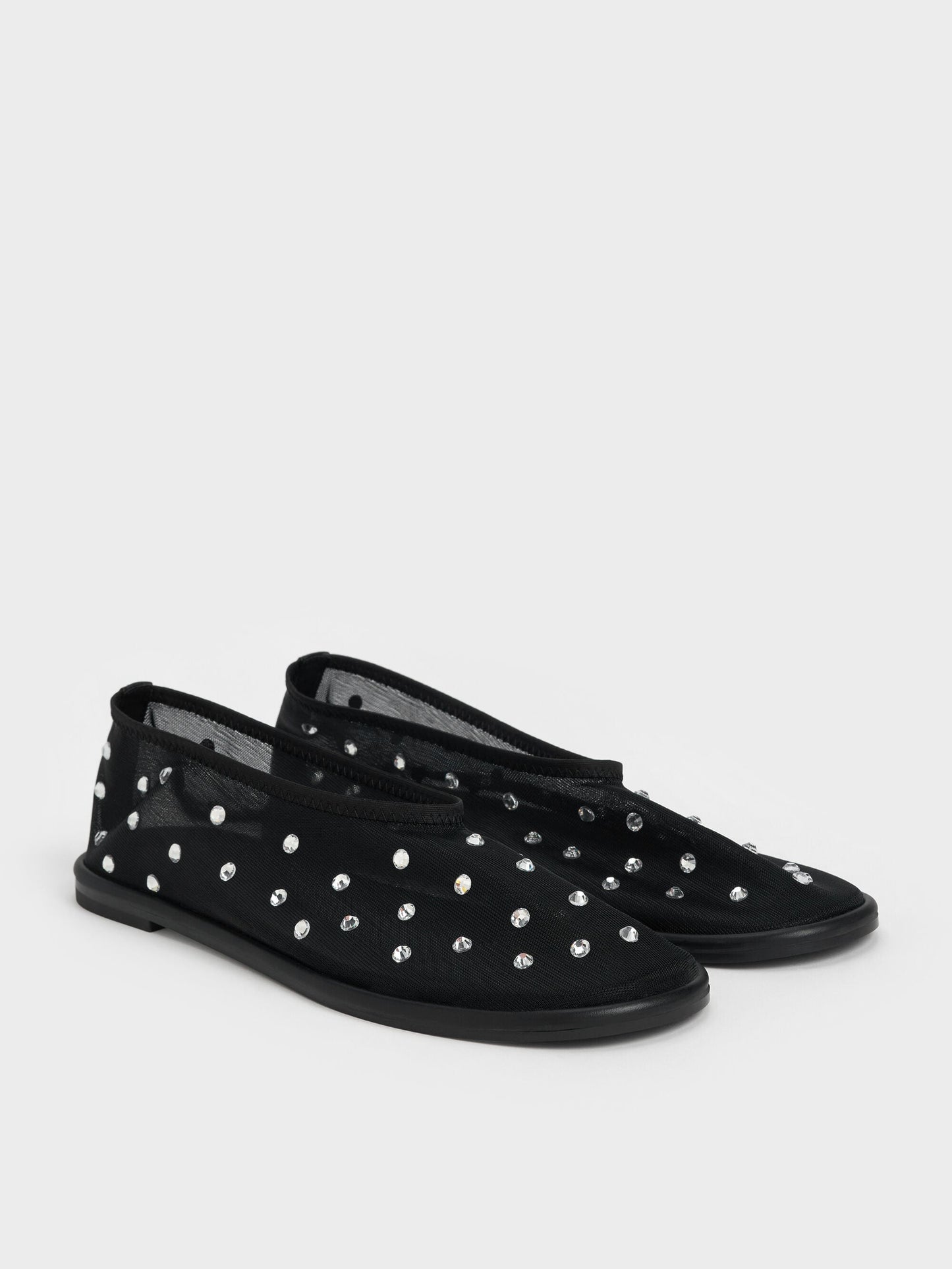 Mesh Gem-Embellished Ballet Flats - Black Textured | CHARLES & KEITH