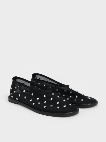 Mesh Gem-Embellished Ballet Flats - Black Textured | CHARLES & KEITH