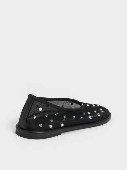 Mesh Gem-Embellished Ballet Flats - Black Textured | CHARLES & KEITH