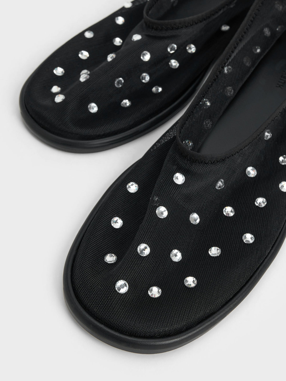 Mesh Gem-Embellished Ballet Flats - Black Textured | CHARLES & KEITH