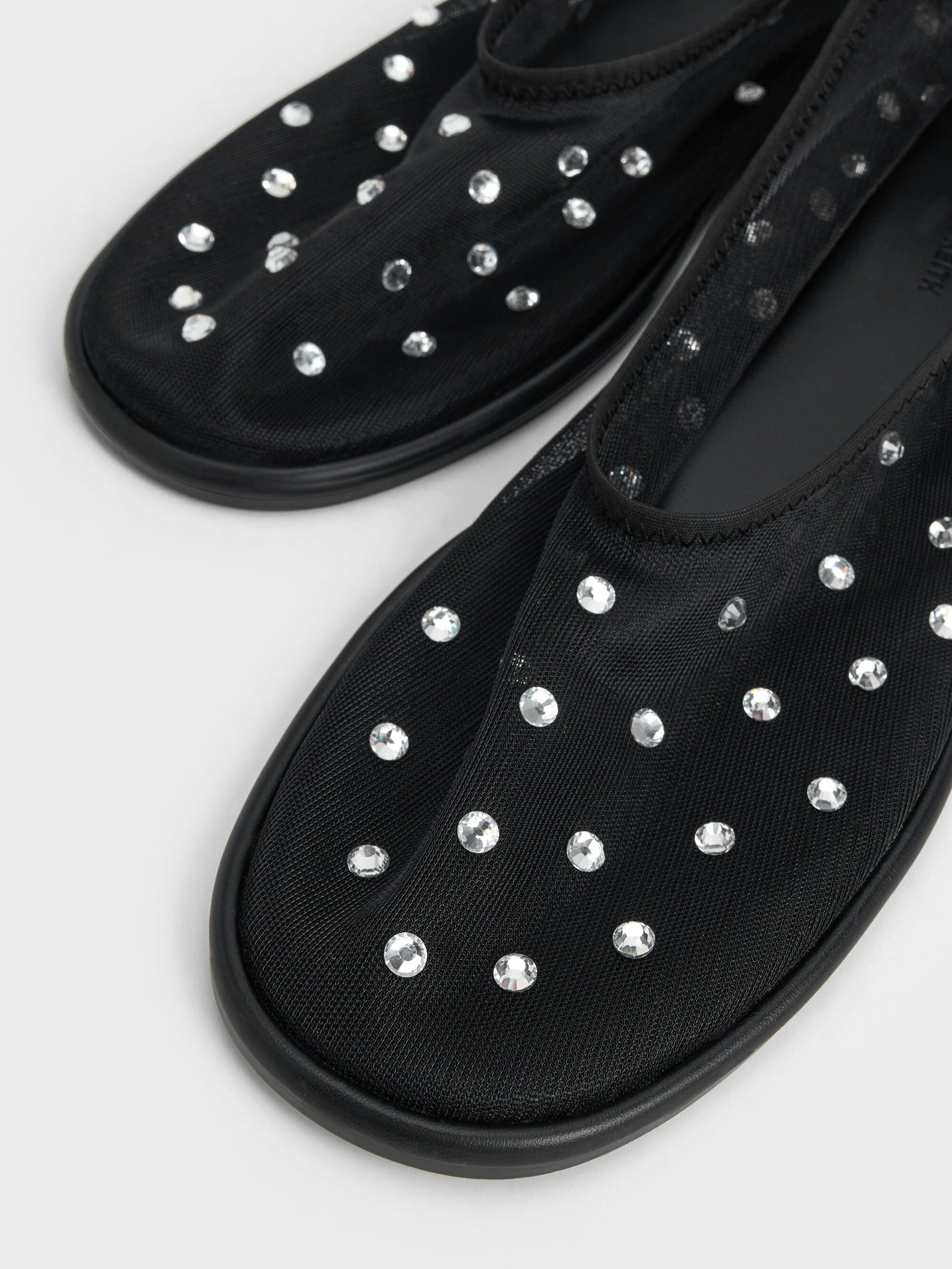 Mesh Gem-Embellished Ballet Flats - Black Textured | CHARLES & KEITH