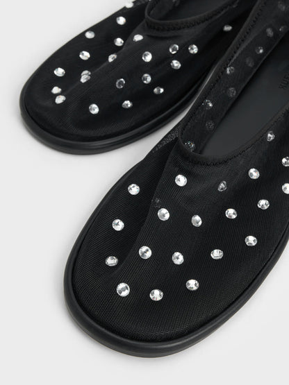 Mesh Gem-Embellished Ballet Flats - Black Textured | CHARLES & KEITH