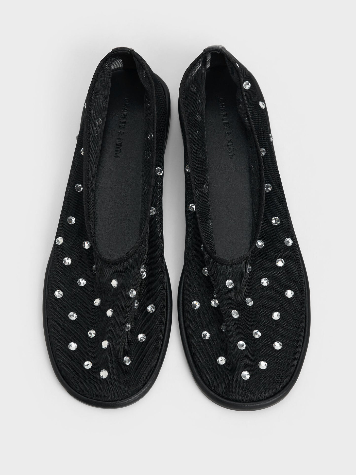 Mesh Gem-Embellished Ballet Flats - Black Textured | CHARLES & KEITH
