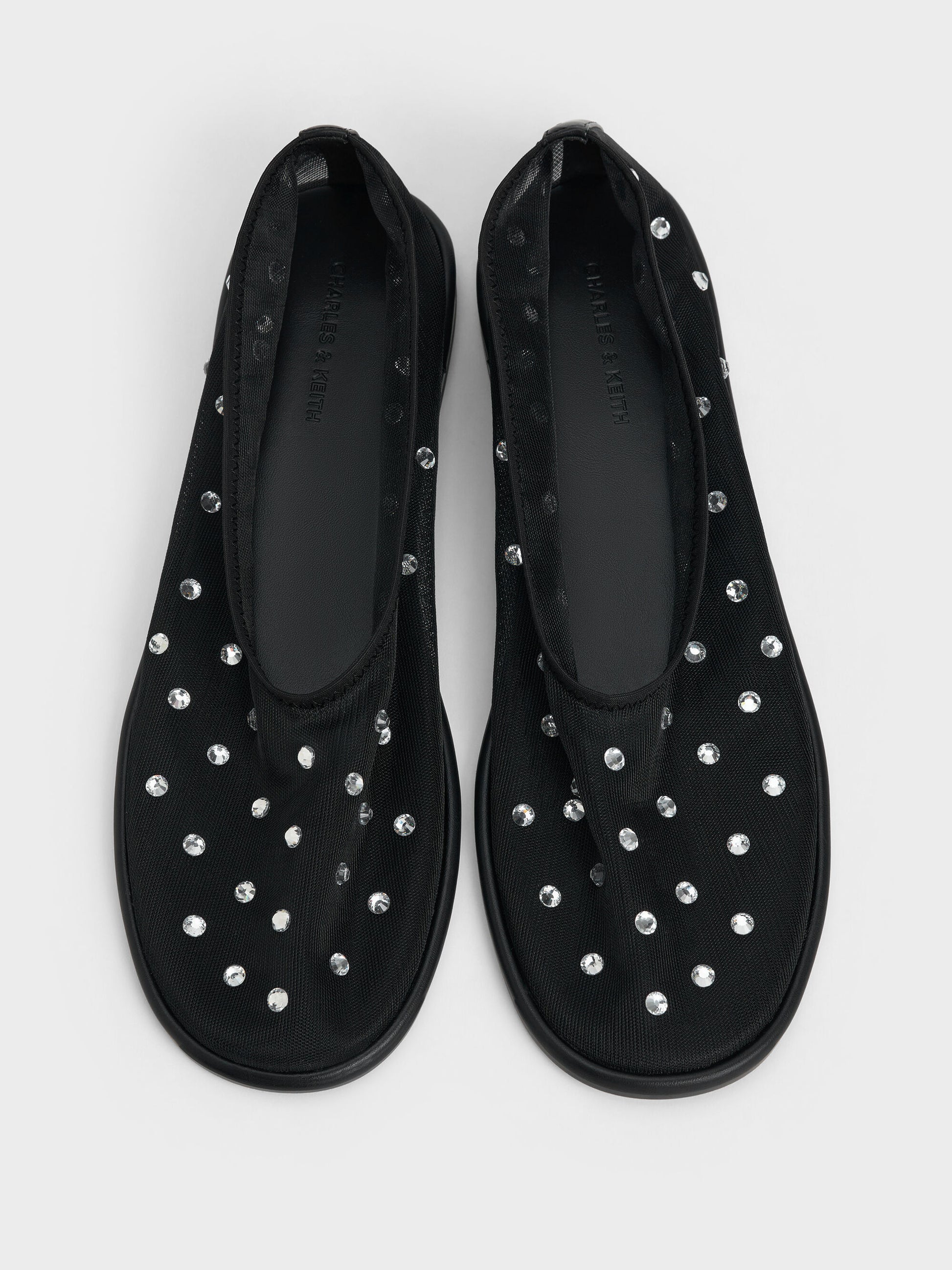 Mesh Gem-Embellished Ballet Flats - Black Textured | CHARLES & KEITH