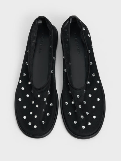 Mesh Gem-Embellished Ballet Flats - Black Textured | CHARLES & KEITH