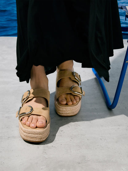 Faux Suede Double-Strap Espadrille Sandals - Sand | CHARLES & KEITH