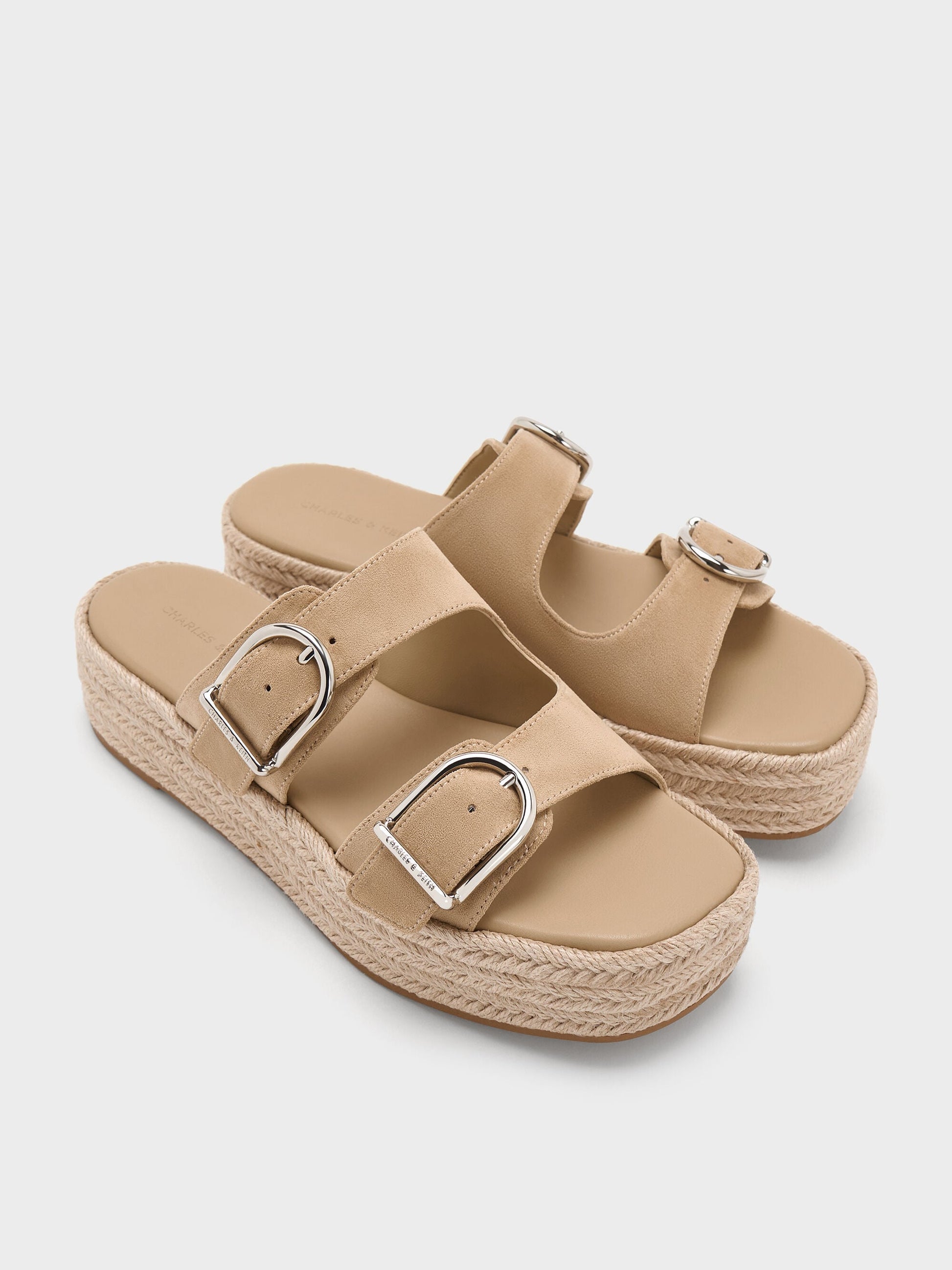 Faux Suede Double-Strap Espadrille Sandals - Sand | CHARLES & KEITH
