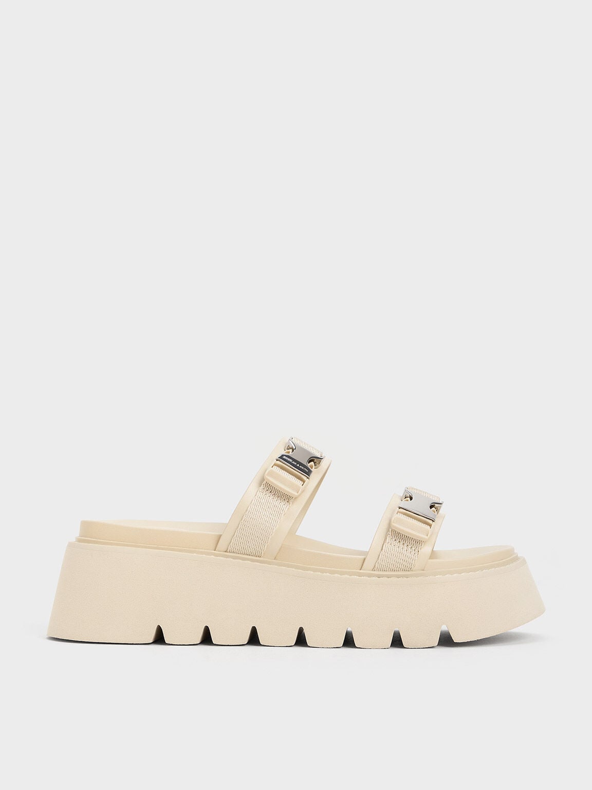 Laine Metallic-Buckle Flatform Sandals - Beige | CHARLES & KEITH
