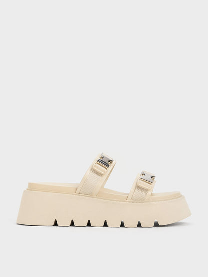 Laine Metallic-Buckle Flatform Sandals - Beige | CHARLES & KEITH