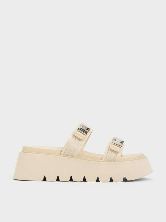 Laine Metallic-Buckle Flatform Sandals - Beige | CHARLES & KEITH