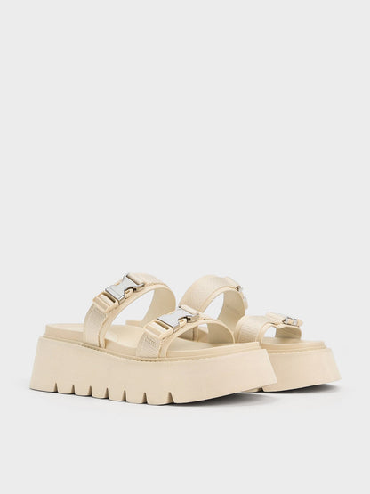 Laine Metallic-Buckle Flatform Sandals - Beige | CHARLES & KEITH
