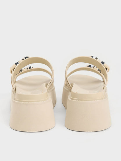 Laine Metallic-Buckle Flatform Sandals - Beige | CHARLES & KEITH