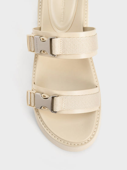 Laine Metallic-Buckle Flatform Sandals - Beige | CHARLES & KEITH