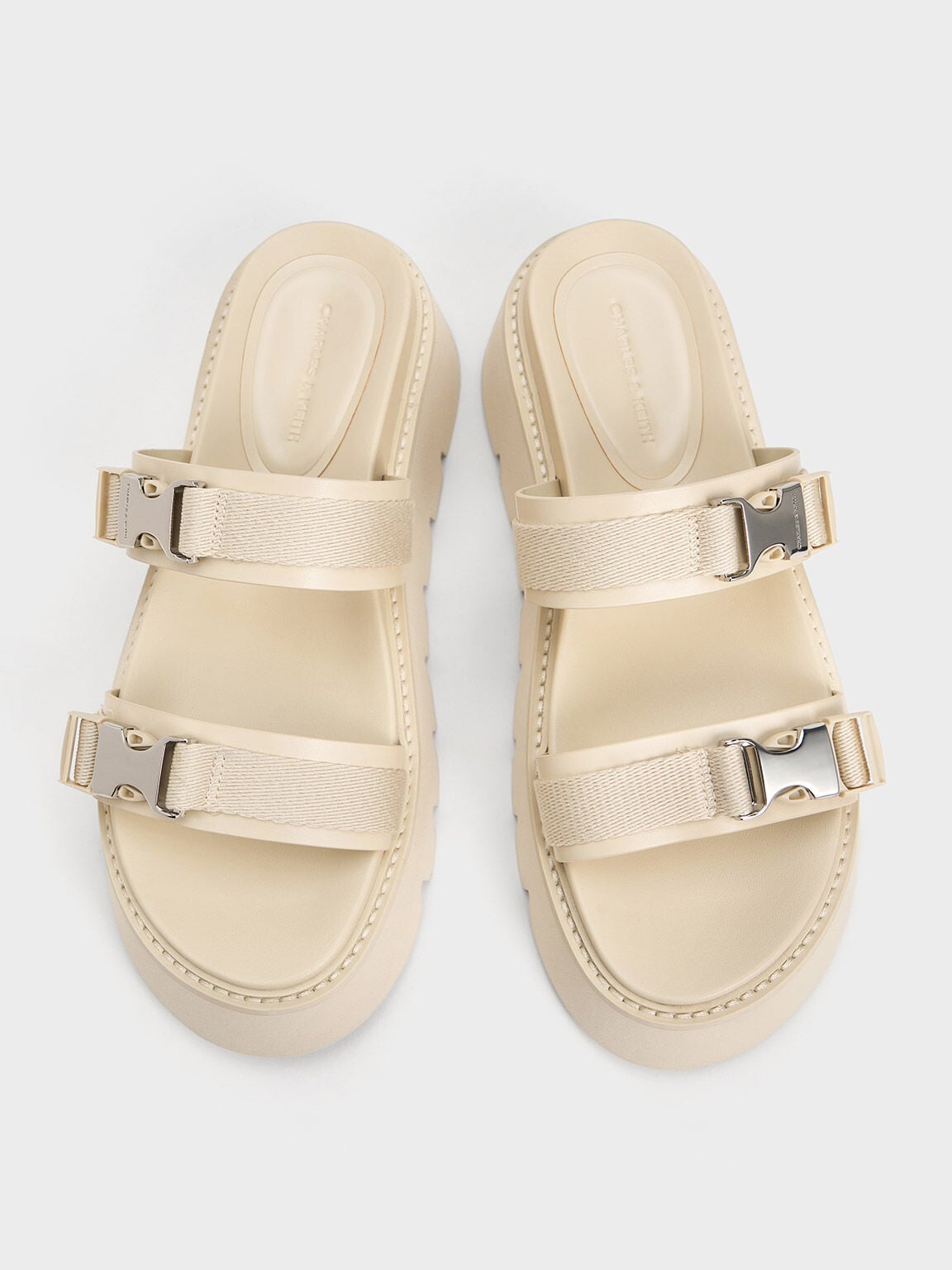 Laine Metallic-Buckle Flatform Sandals - Beige | CHARLES & KEITH