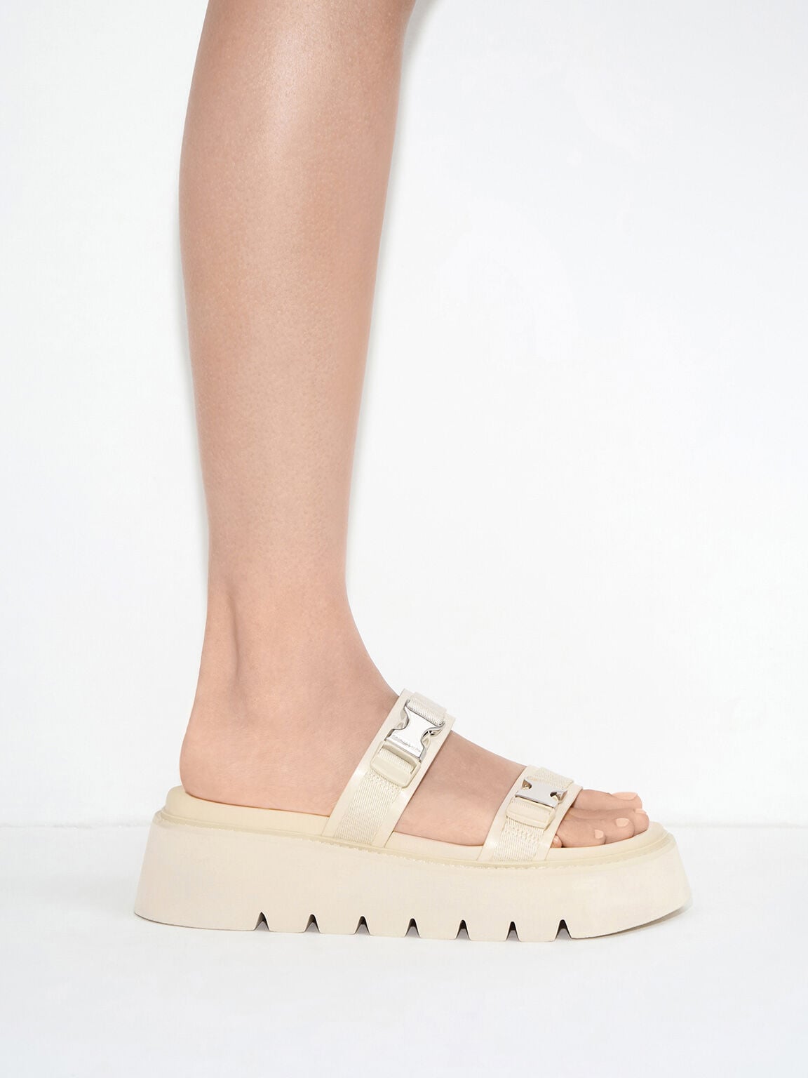 Laine Metallic-Buckle Flatform Sandals - Beige | CHARLES & KEITH