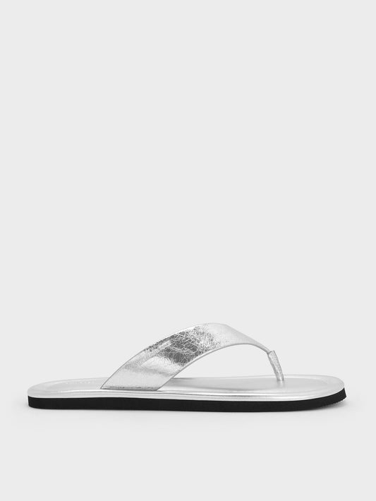 Trinah Metallic Crinkle-Effect Thong Sandals - Silver | CHARLES & KEITH