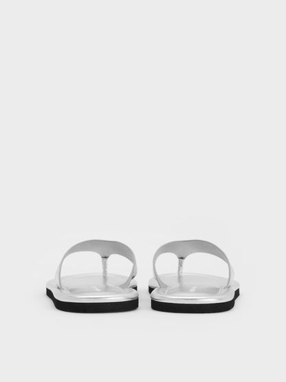 Trinah Metallic Crinkle-Effect Thong Sandals - Silver | CHARLES & KEITH