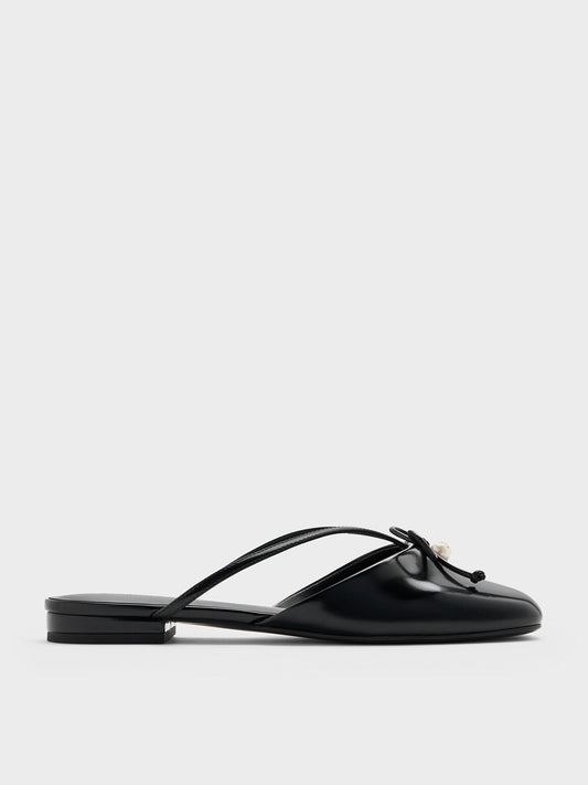 Pearl-Accent Bow Flat Mules - Black Box | CHARLES & KEITH