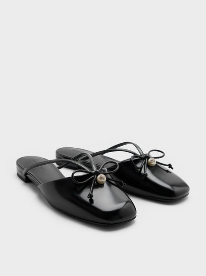 Pearl-Accent Bow Flat Mules - Black Box | CHARLES & KEITH