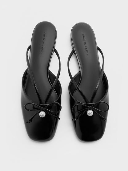 Pearl-Accent Bow Flat Mules - Black Box | CHARLES & KEITH