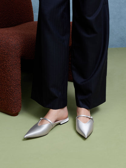 Teardrop-Crystal Flat Mules - Silver | CHARLES & KEITH