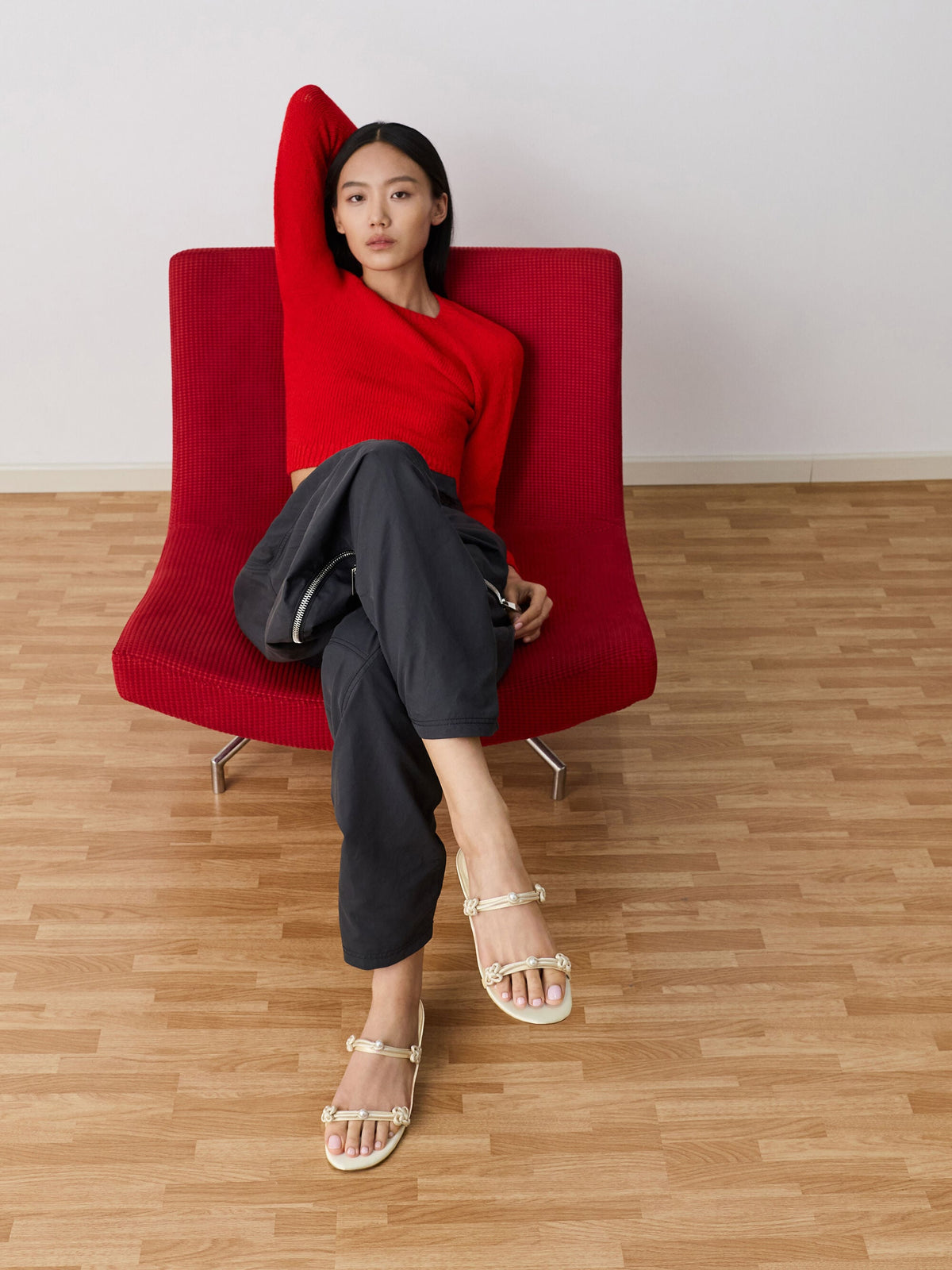 Orinda Knot-Pearl Slide Sandals - Butter | CHARLES & KEITH