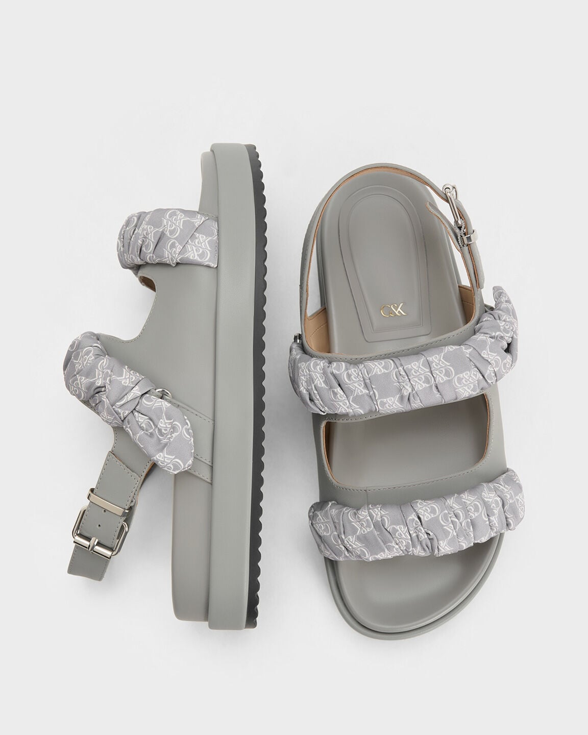 Tully Leather Ruched-Strap Sandals - Grey | CHARLES & KEITH