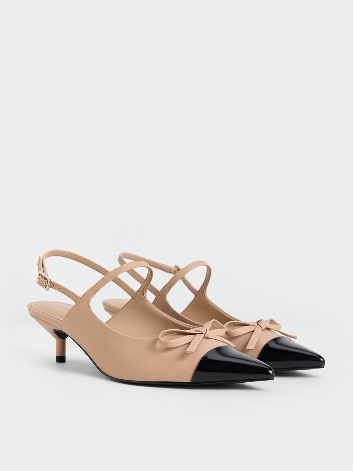 Cap-Toe Slingback Kitten Heels - Nude | CHARLES & KEITH
