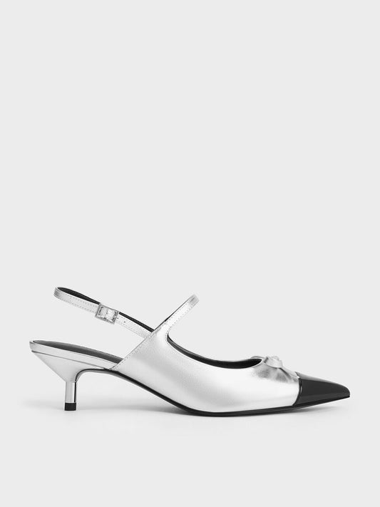 Metallic Cap-Toe Slingback Kitten Heels - Silver | CHARLES & KEITH