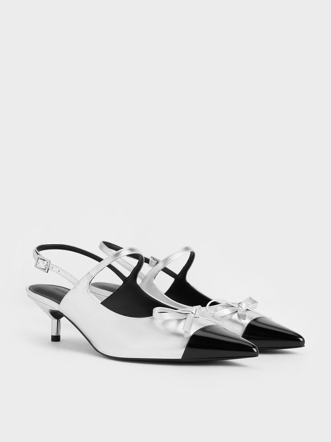 Metallic Cap-Toe Slingback Kitten Heels - Silver | CHARLES & KEITH
