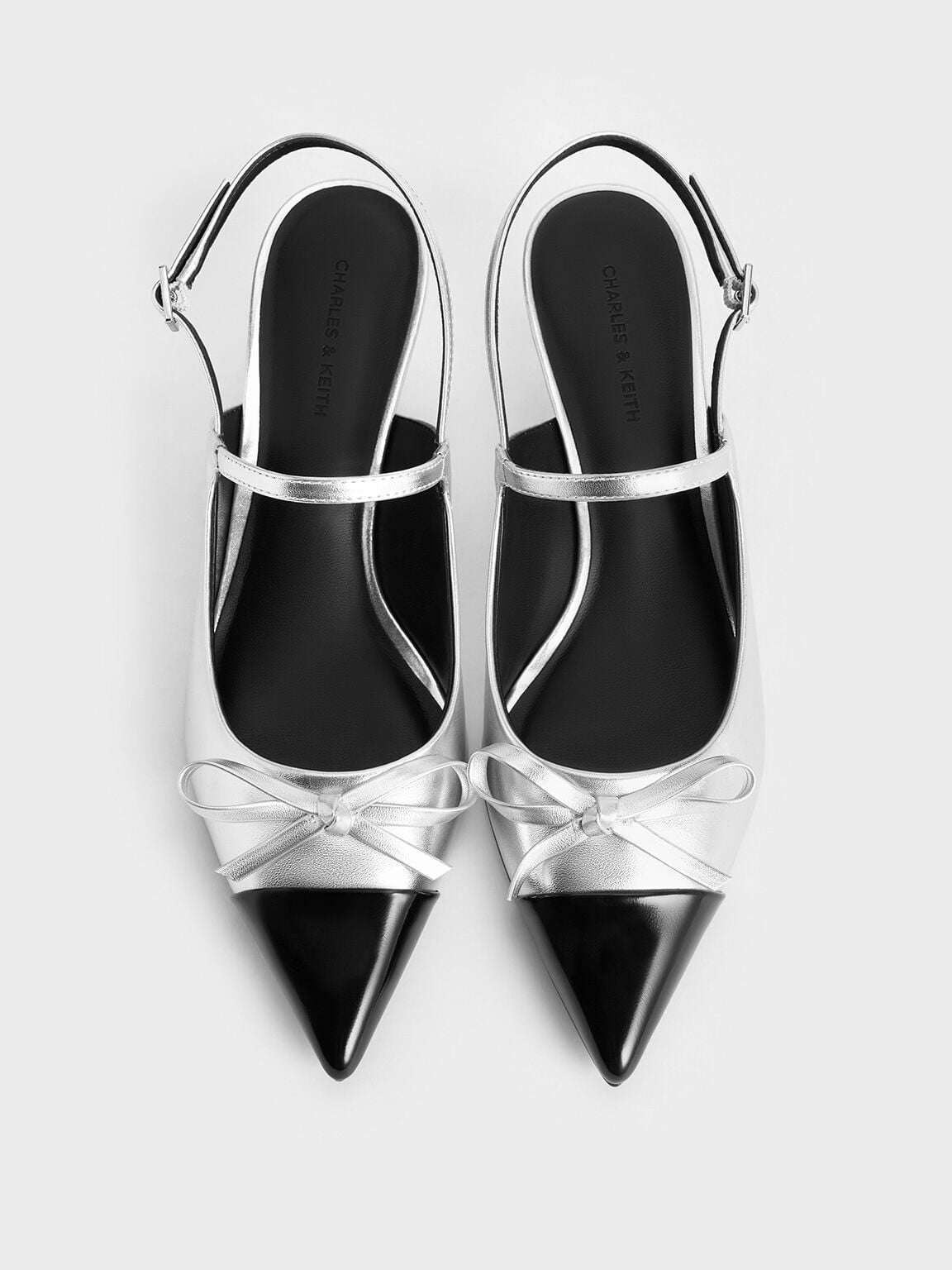 Metallic Cap-Toe Slingback Kitten Heels - Silver | CHARLES & KEITH
