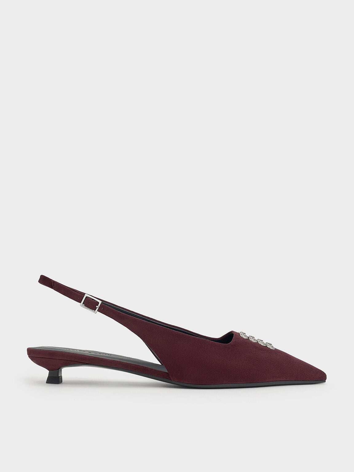 Faux Suede Crystal Slingback Pumps - Burgundy | CHARLES & KEITH