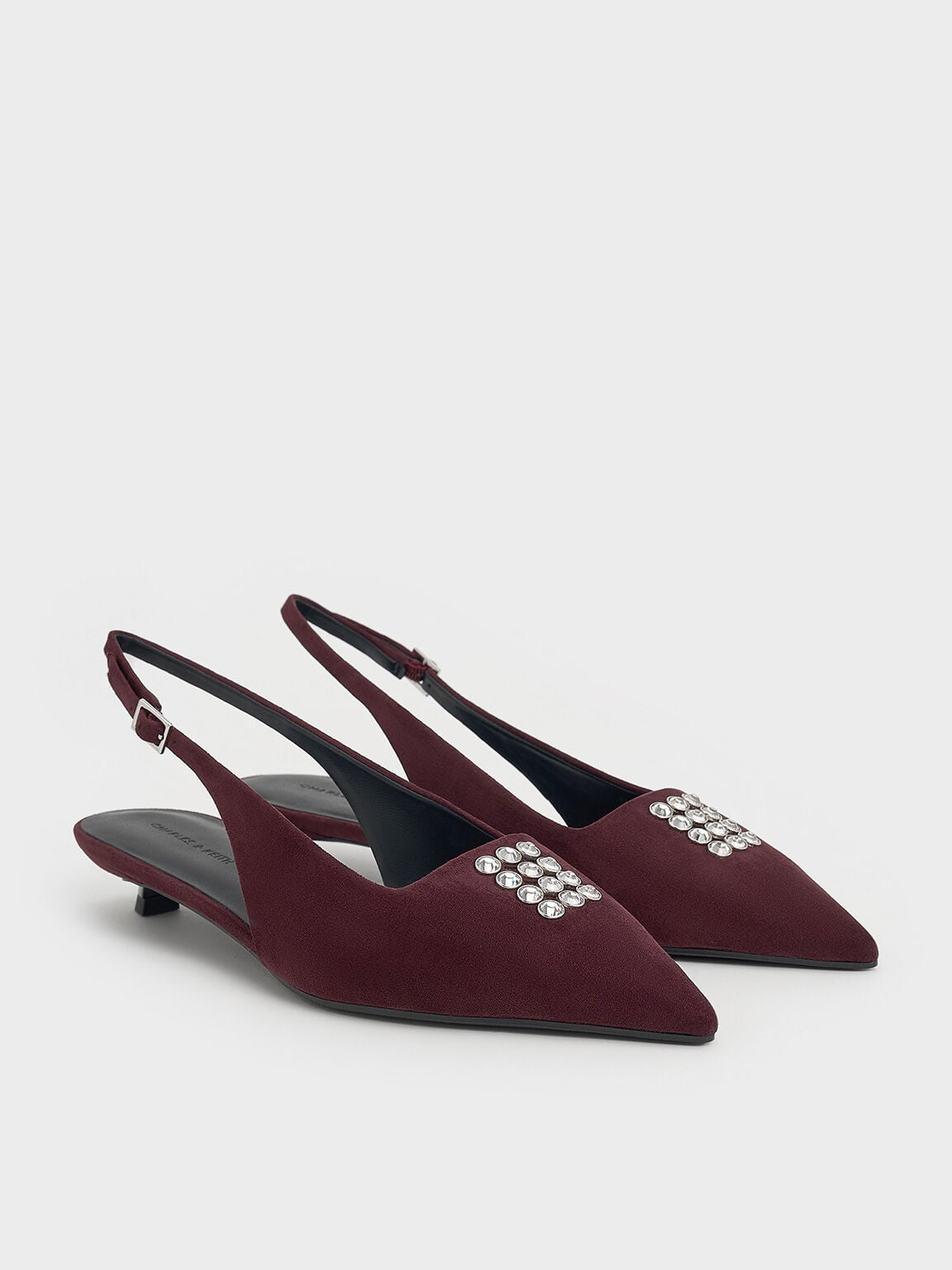 Faux Suede Crystal Slingback Pumps - Burgundy | CHARLES & KEITH