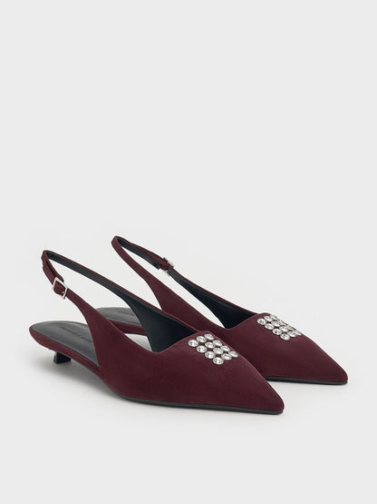 Faux Suede Crystal Slingback Pumps - Burgundy | CHARLES & KEITH