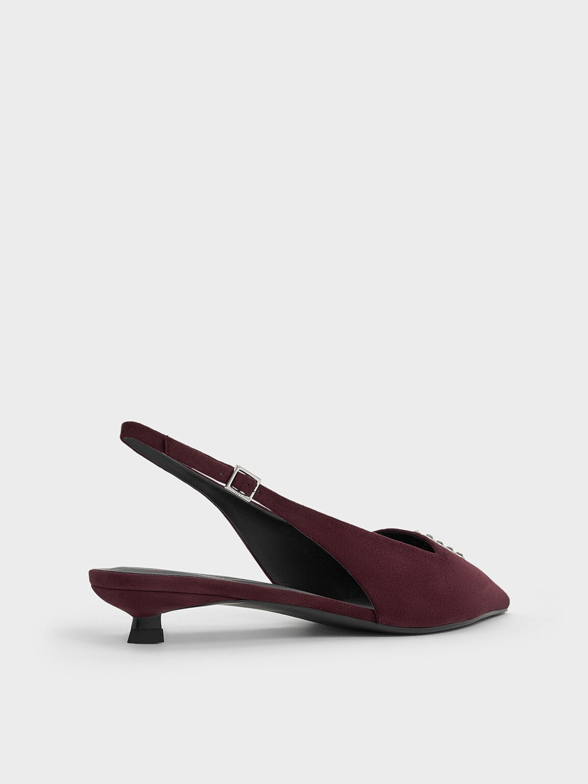 Faux Suede Crystal Slingback Pumps - Burgundy | CHARLES & KEITH