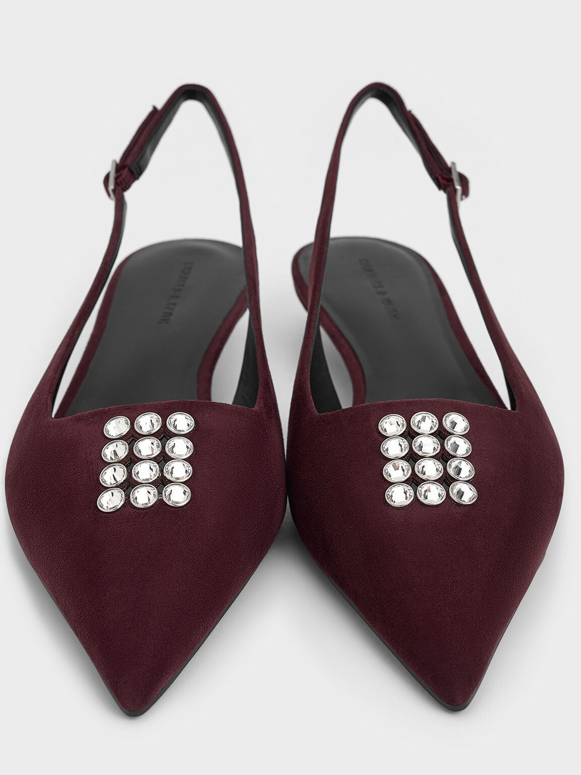 Faux Suede Crystal Slingback Pumps - Burgundy | CHARLES & KEITH