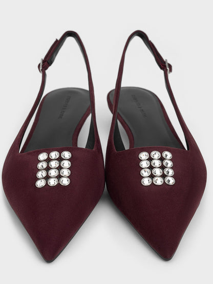 Faux Suede Crystal Slingback Pumps - Burgundy | CHARLES & KEITH