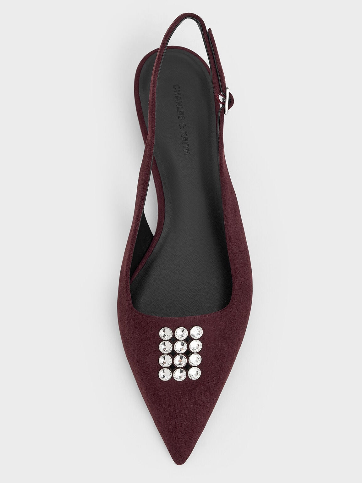 Faux Suede Crystal Slingback Pumps - Burgundy | CHARLES & KEITH