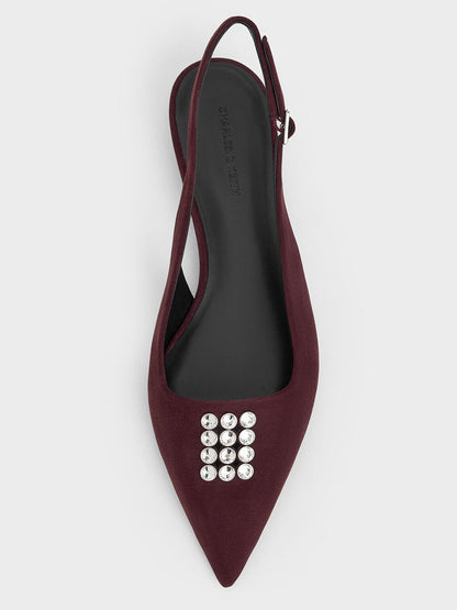 Faux Suede Crystal Slingback Pumps - Burgundy | CHARLES & KEITH